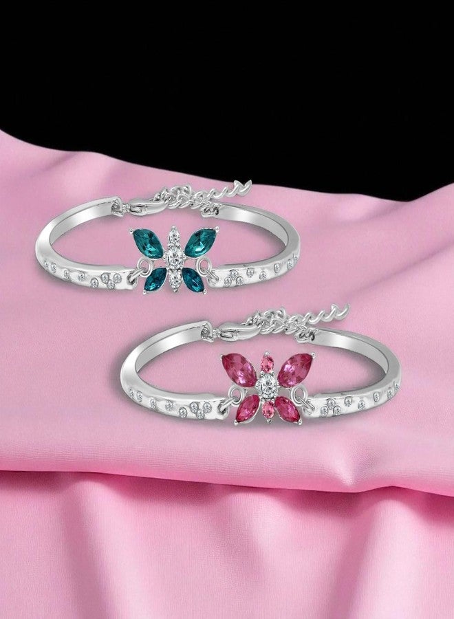 Mahi Butterfly-Shaped Bracelet Set of 2 with Pink Blue Crystals and Rhodium Plating for Women CO1104897R - Image 3