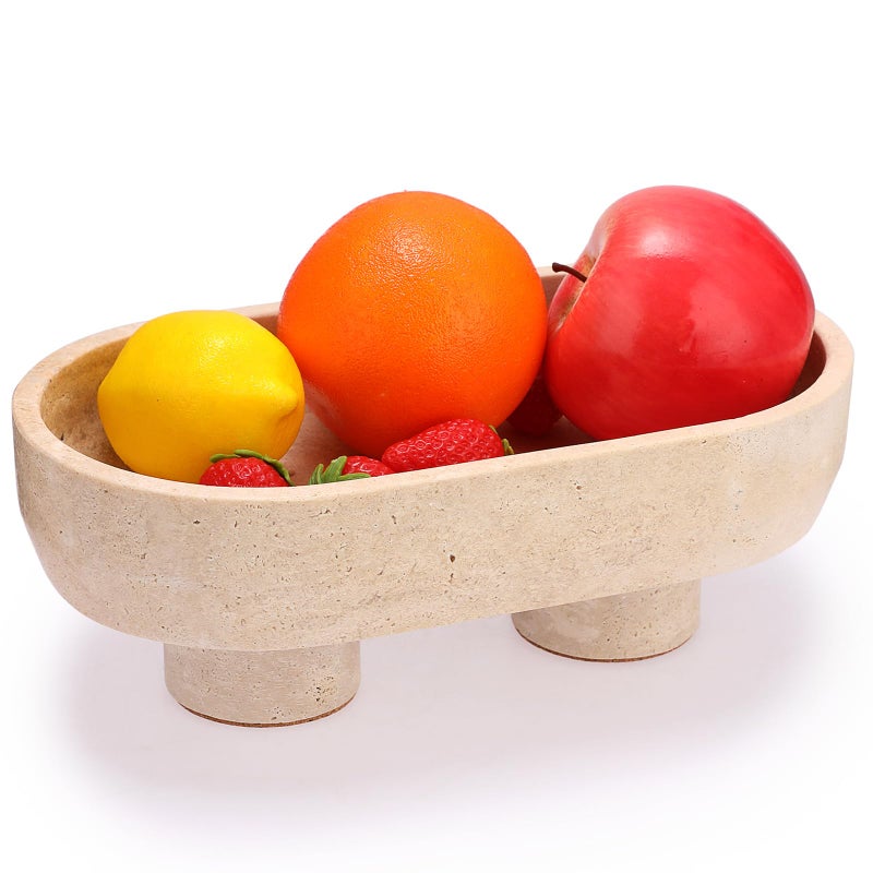 OwnMy Oval Travertine Fruit Bowl for Kitchen Counter 10 Inch Large Decorative Bowl for Home Decors Natural Travertine Pedestal Tray for Table Centerpiece Stone Key Bowl for Entryway Table