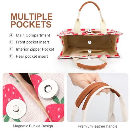LHMTQVK Canvas Tote Bag for Women Crossbody Bag Purses Tote Bags with Pockets Travel Bags Everyday Bag Work Bags Handbags(Strawberry) - Image 5