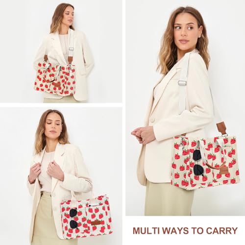 LHMTQVK Canvas Tote Bag for Women Crossbody Bag Purses Tote Bags with Pockets Travel Bags Everyday Bag Work Bags Handbags(Strawberry) - Image 3
