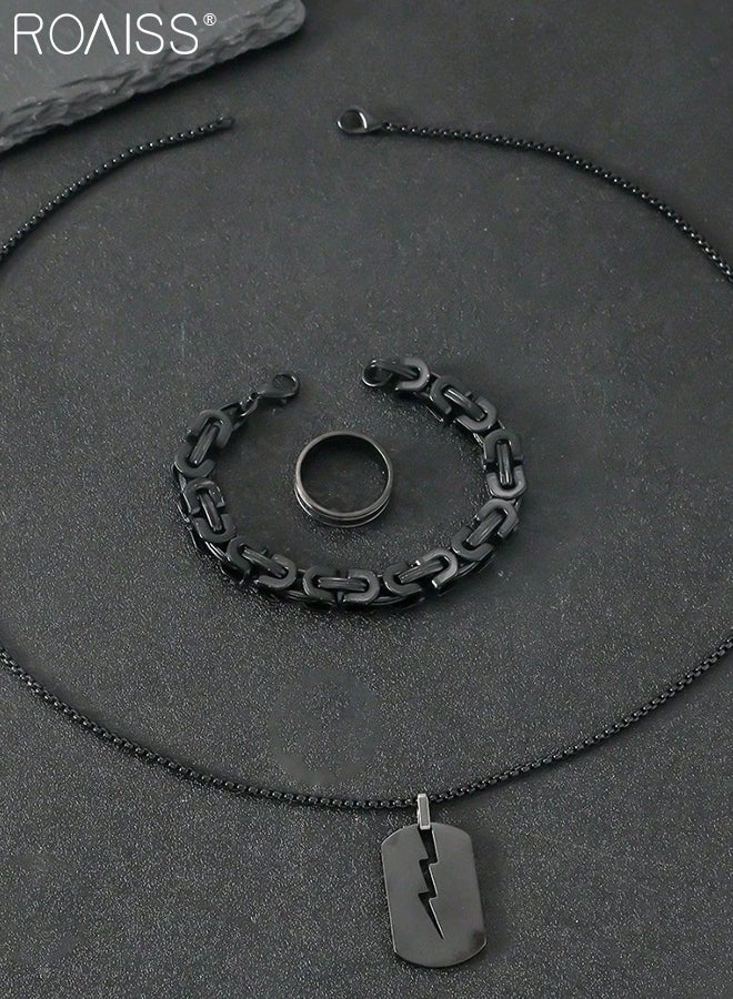 رويس مجموعة مجوهرات من 3 قطع من الفولاذ المقاوم للصدأ للرجال، قلادة بسيطة على شكل صاعقة، خاتم سوار أسود أنيق، نمط بانك روك هيب هوب مناسب للارتداء اليومي - Image 4