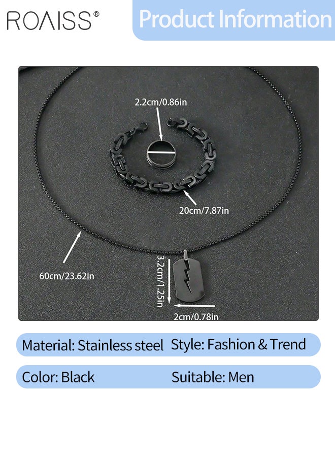 رويس مجموعة مجوهرات من 3 قطع من الفولاذ المقاوم للصدأ للرجال، قلادة بسيطة على شكل صاعقة، خاتم سوار أسود أنيق، نمط بانك روك هيب هوب مناسب للارتداء اليومي - Image 2