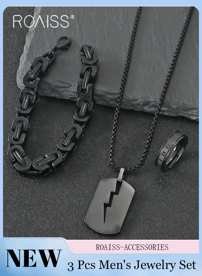 رويس مجموعة مجوهرات من 3 قطع من الفولاذ المقاوم للصدأ للرجال، قلادة بسيطة على شكل صاعقة، خاتم سوار أسود أنيق، نمط بانك روك هيب هوب مناسب للارتداء اليومي - Image 1
