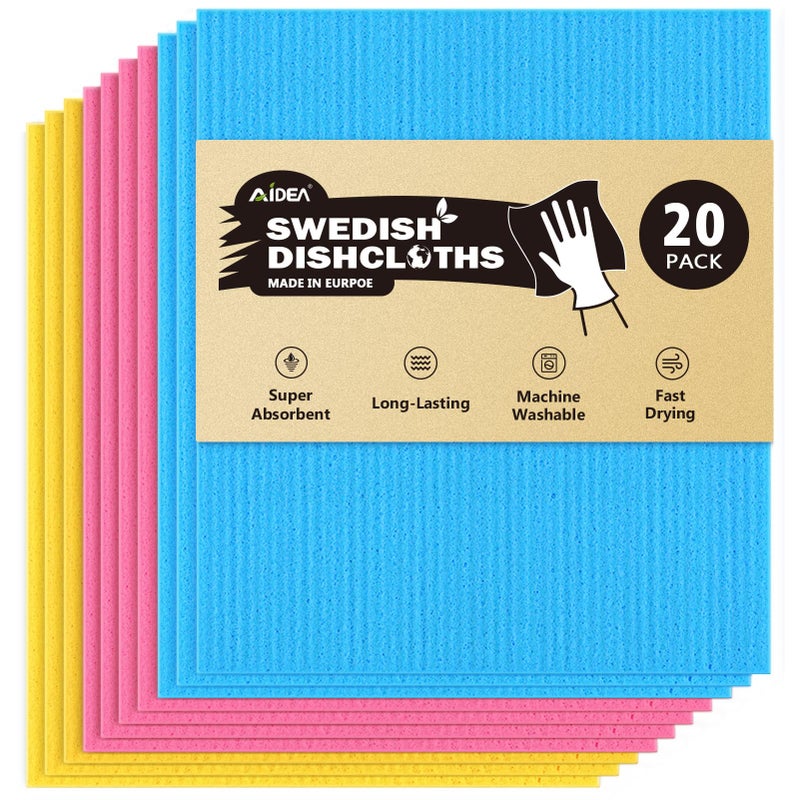 AIDEA Swedish Dishcloths for Kitchen, 20PK, Reusable Paper Towels, Kitchen Washcloths Dish Rags, Eco Friendly No Odor Reusable Cleaning Cloths, Cellulose Sponge Cloths, 7"Ã—6" - Image 1
