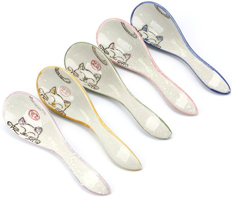 5pcs Ceramics Japanese Fortune Cat Lucky Cat Hand Painted Soup Spoons
