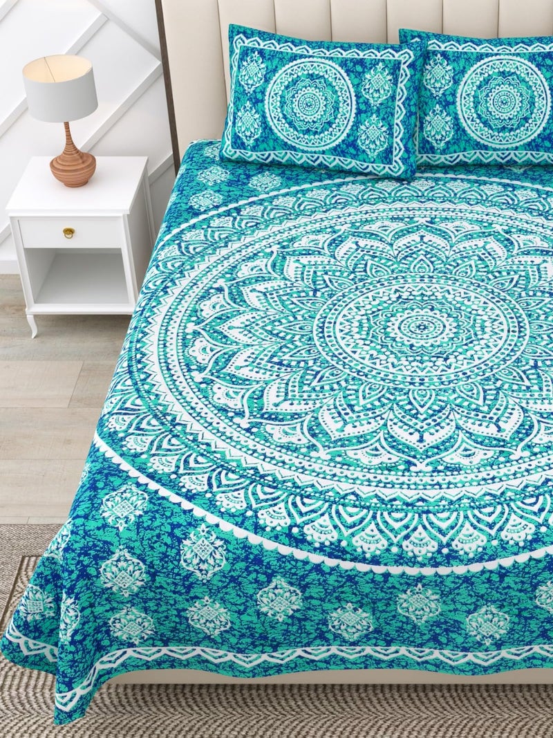 RajasthaniKart 144 TC Pure 100% Cotton Double Bed Sheet with 2 Pillow Covers (Bedsheet for Double Bed Cotton, Green Star Jaipuri, King Size,5298) - Image 3