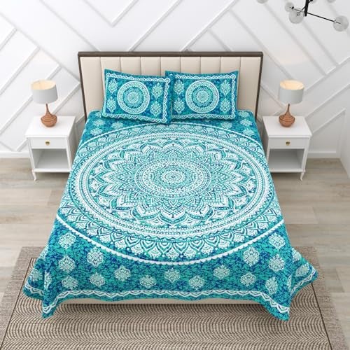 RajasthaniKart 144 TC Pure 100% Cotton Double Bed Sheet with 2 Pillow Covers (Bedsheet for Double Bed Cotton, Green Star Jaipuri, King Size,5298) - Image 2