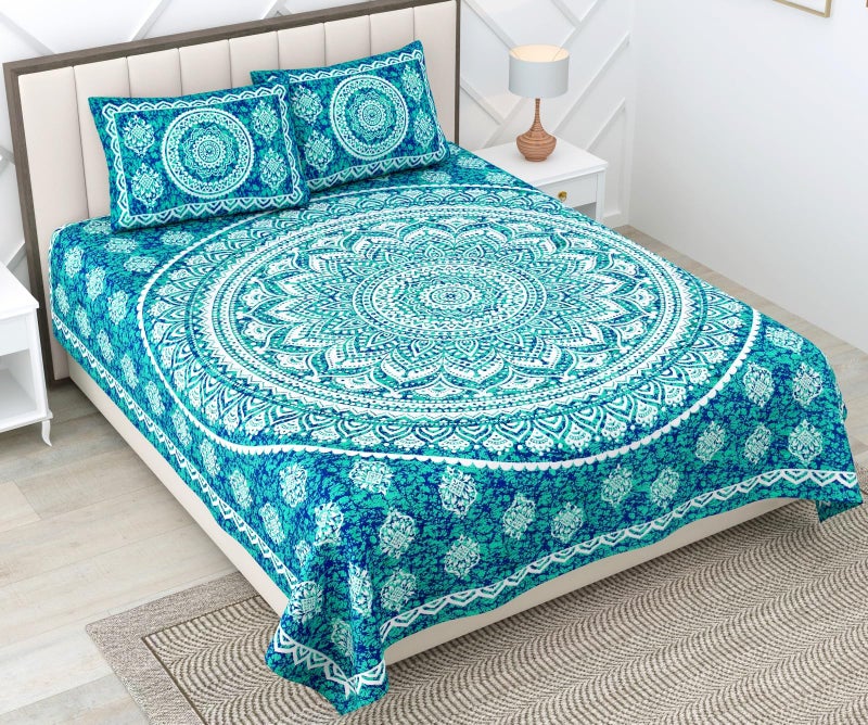 RajasthaniKart 144 TC Pure 100% Cotton Double Bed Sheet with 2 Pillow Covers (Bedsheet for Double Bed Cotton, Green Star Jaipuri, King Size,5298) - Image 1