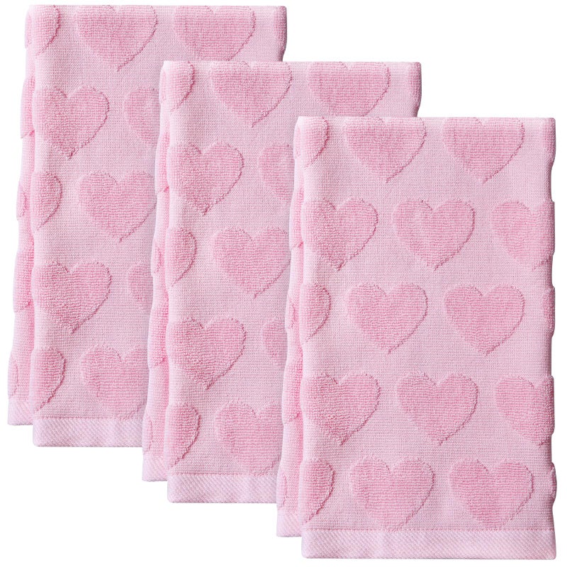 Hallswl 3pcs Valentine's Day Hand Towels Pink Hearts Jacquard Towel for Bath 100% Cotton Soft Bathroom Kitchen Decorative Set for Valentine's Day Holiday Decor Gift,14 x 29 Inch - Image 1