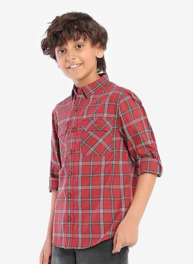 Bonkids Regular Long Sleeve Printed Red Cotton Shirt 100 % Cotton