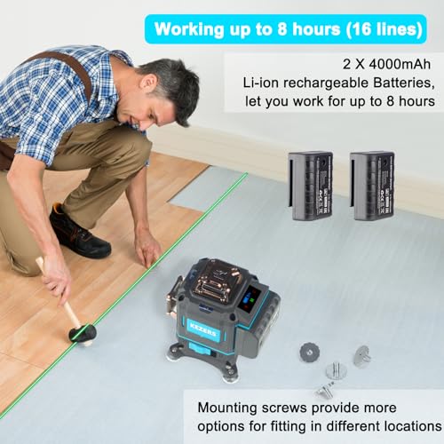 KEZERS Laser Level 360 Self Leveling,4 x 360 Laser Level with Screen Green Laser Level Line tool Leveling and Alignment Laser Tool with Pulse Mode for Construction and Picture Hanging,Remote Control - Image 3