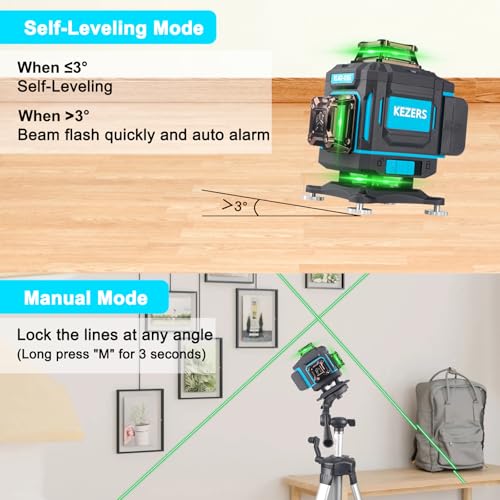 KEZERS Laser Level 360 Self Leveling,4 x 360 Laser Level with Screen Green Laser Level Line tool Leveling and Alignment Laser Tool with Pulse Mode for Construction and Picture Hanging,Remote Control - Image 5
