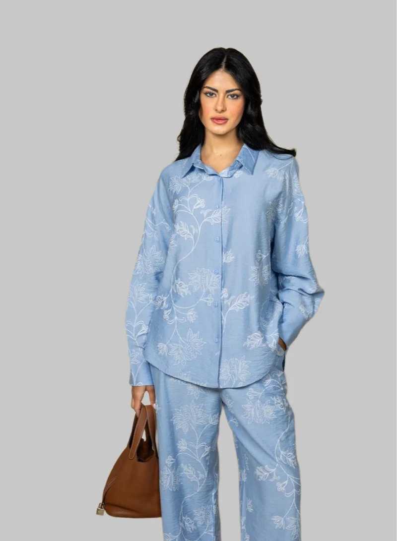 Bond Sky Blue Sky Blue Botanical Raised Print Shirt & Pants Co-Ord Set for Women | Best Price UAE