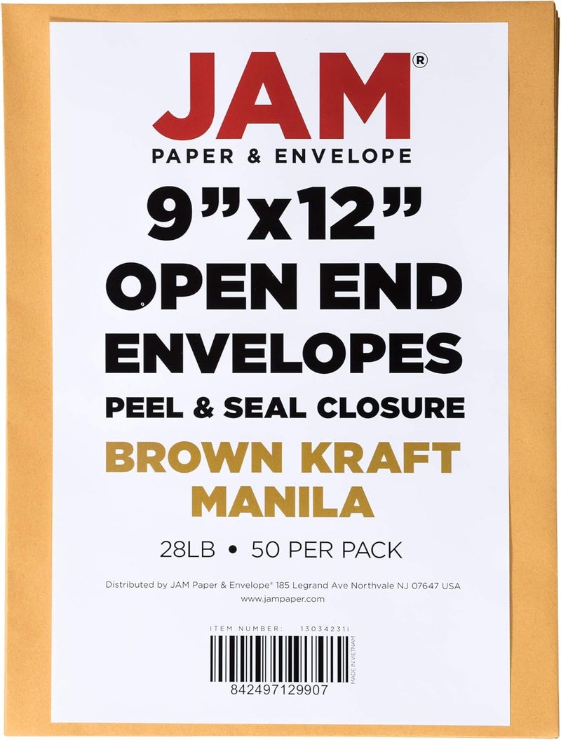 JAM Paper 9 x 12 Open End Catalog Premium Envelopes with Peel and Seal Closure - Brown Kraft Manila - 50/Pack - Image 5