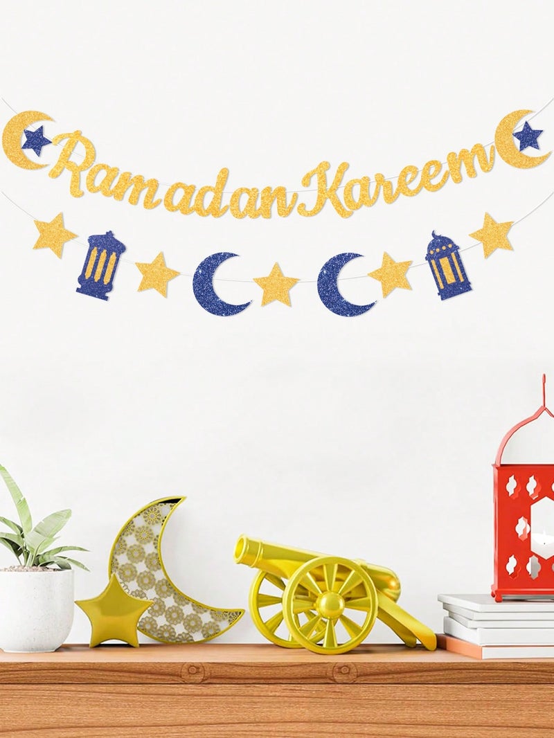 Ramadan Kareem Paper Banner Gold And Blue With Crescent And Stars - Image 1