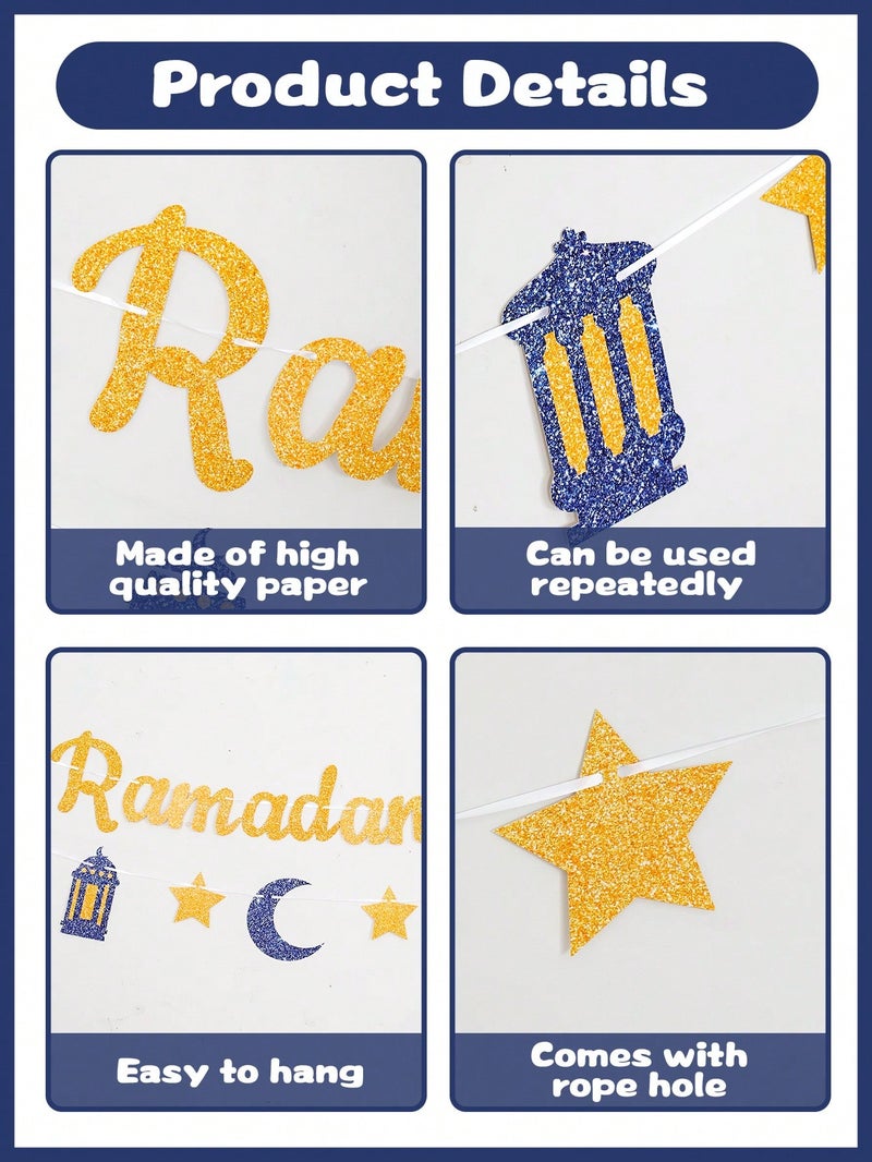 Ramadan Kareem Paper Banner Gold And Blue With Crescent And Stars - Image 4