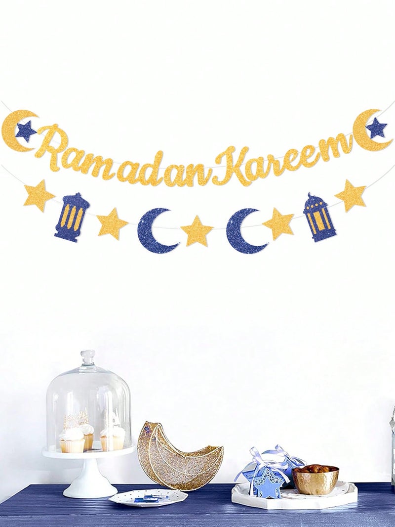 Ramadan Kareem Paper Banner Gold And Blue With Crescent And Stars - Image 2