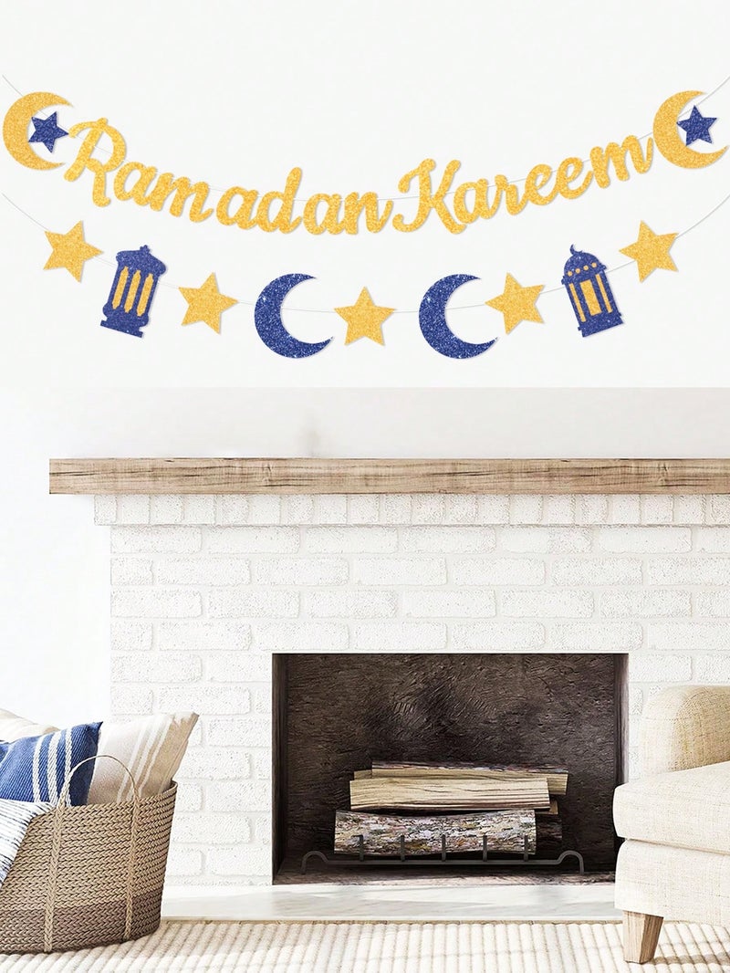 Ramadan Kareem Paper Banner Gold And Blue With Crescent And Stars - Image 3