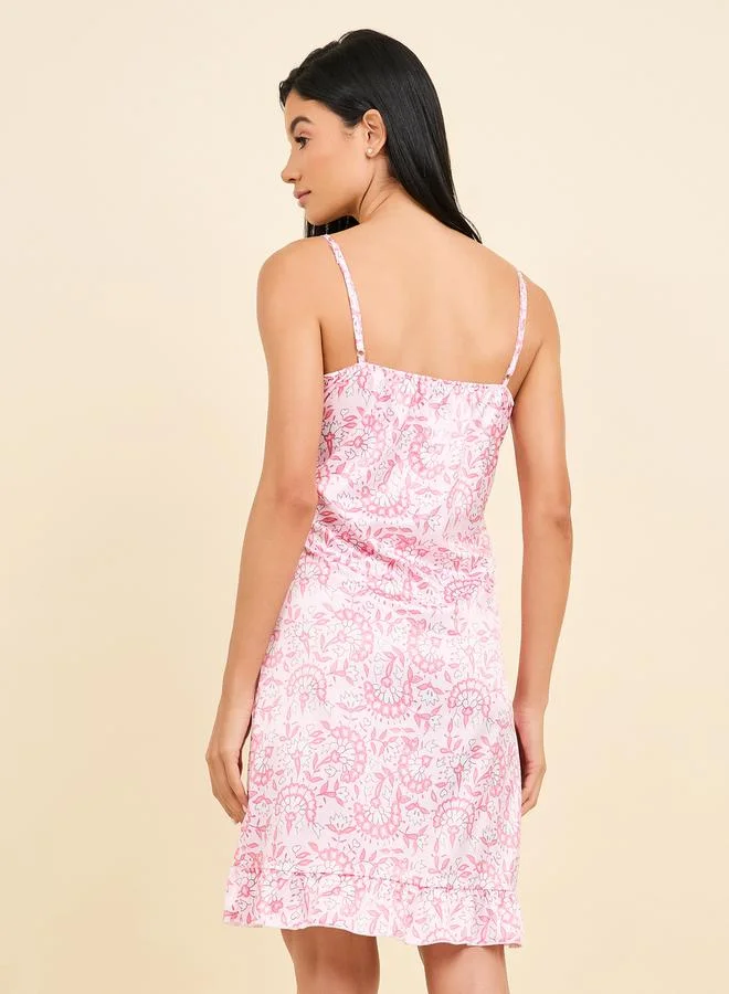 Styli Floral Satin Ruffle Hem Slip Dress