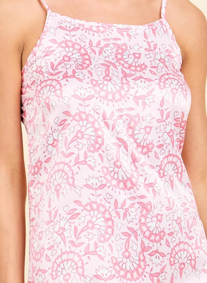 Styli Floral Satin Ruffle Hem Slip Dress