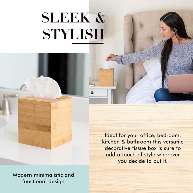 JUSK Design Tissue Box Holder - Modern, Minimalist, Durable Wooden Box with Sliding Bottom, Easy-Refill - Premium-Quality Bamboo Cover, Square - Image 4