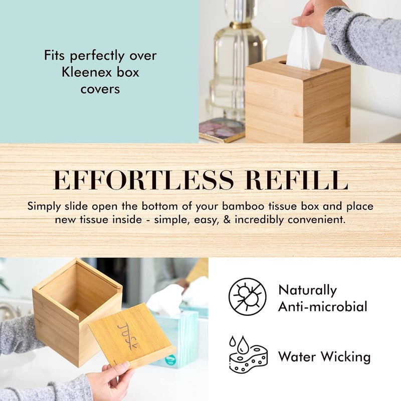 JUSK Design Tissue Box Holder - Modern, Minimalist, Durable Wooden Box with Sliding Bottom, Easy-Refill - Premium-Quality Bamboo Cover, Square - Image 3