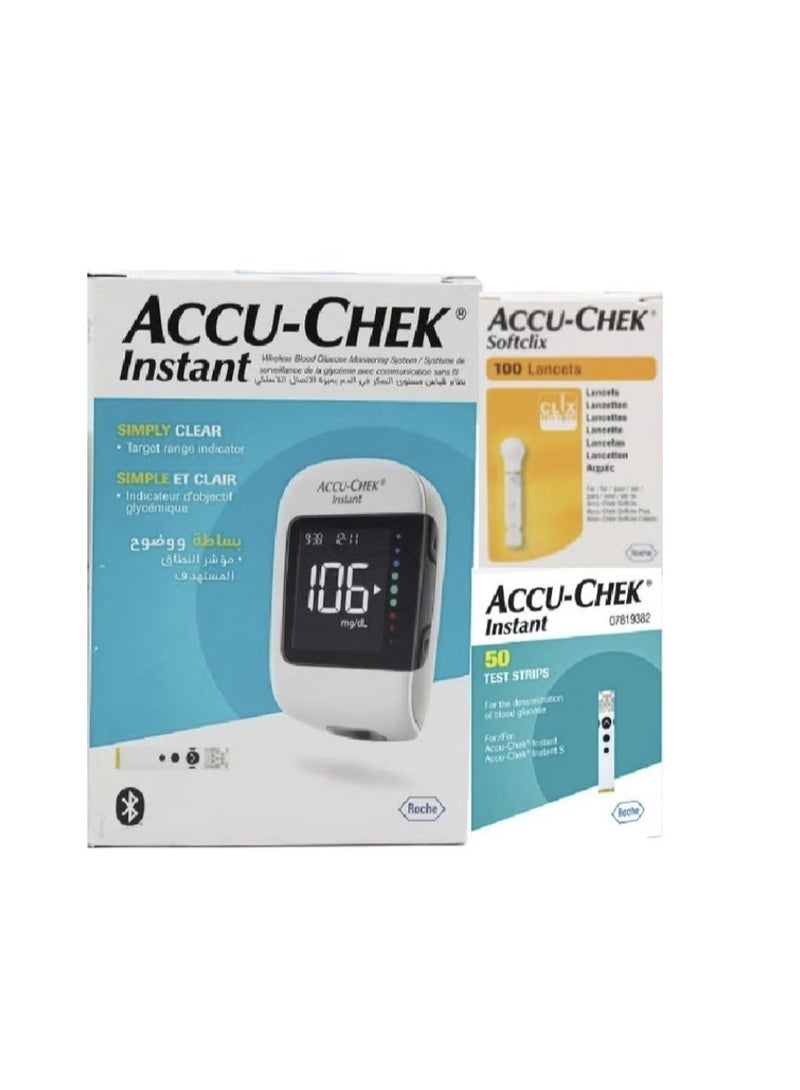 AccuChek مجموعة نظام مراقبة نسبة السكر في الدم الفورية Accu-Chek - جهاز قياس + 50 شريط اختبار + 100 إبرة وخز Softclix لمراقبة دقيقة لمرض السكري - Image 1