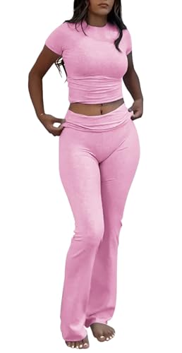 ZFLM Casual Workout Two Piece Outfits for Women Short Sleeve Crop High Waist Foldover Flare Pants Tracksuit Sets Streetwear - Image 1