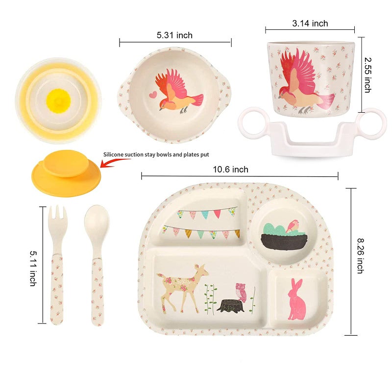 shopwithgreen 7Pcs/Set Bamboo Kids Dinnerware Set - Children Dishes - Food Plate Bowl Cup Spoon Fork Set Dishware, Cartoon Tableware, Dishwasher Safe Kids Healthy Mealtime, BPA Free - Image 2