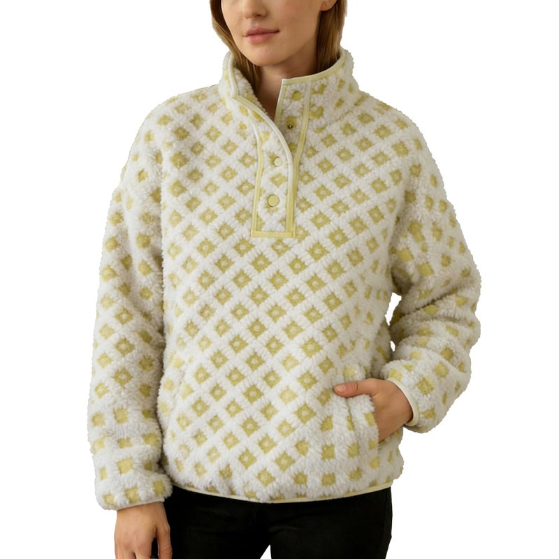 SeeLuNa Checkered Fleece Sweatshirt for Women Long Sleeve High Neck Fuzzy Sherpa Hoodie Winter Plaid Pullover Top with Pocket(Yellow-White,S) - Image 1