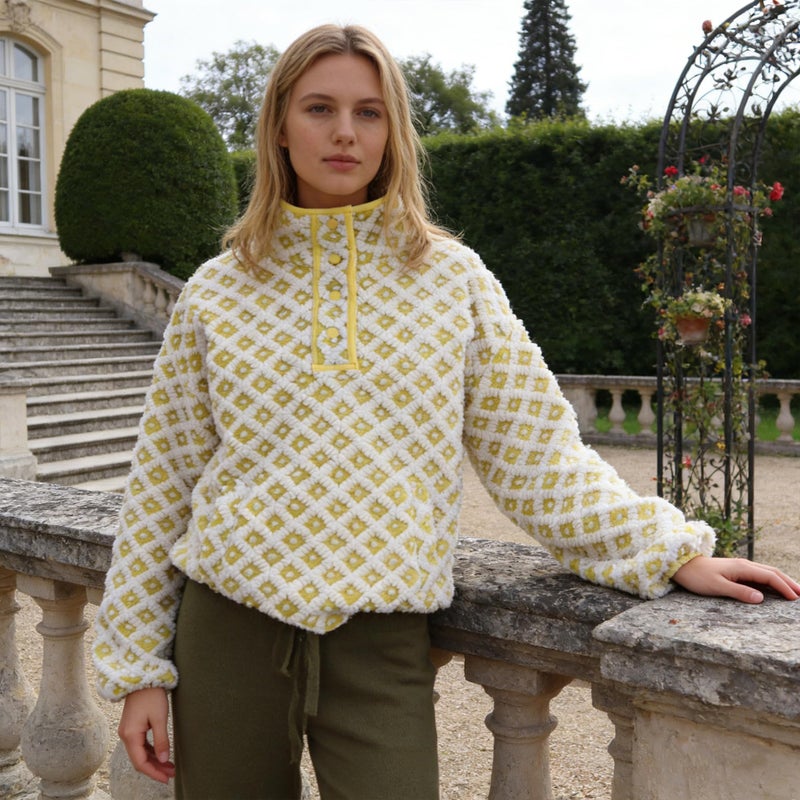 SeeLuNa Checkered Fleece Sweatshirt for Women Long Sleeve High Neck Fuzzy Sherpa Hoodie Winter Plaid Pullover Top with Pocket(Yellow-White,S) - Image 4