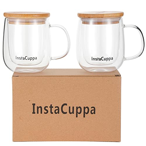 InstaCuppa Double Walled Glass Coffee Mug 300 ML with Bamboo Lid - Borosilicate Glass, Microwave Safe, Dishwasher Safe, Lid Doubles as Coaster for Busy Moms - Image 1