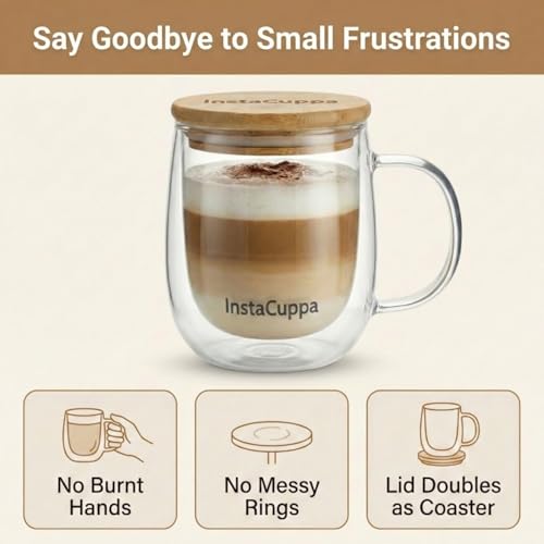 InstaCuppa Double Walled Glass Coffee Mug 300 ML with Bamboo Lid - Borosilicate Glass, Microwave Safe, Dishwasher Safe, Lid Doubles as Coaster for Busy Moms - Image 5