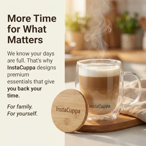 InstaCuppa Double Walled Glass Coffee Mug 300 ML with Bamboo Lid - Borosilicate Glass, Microwave Safe, Dishwasher Safe, Lid Doubles as Coaster for Busy Moms - Image 3