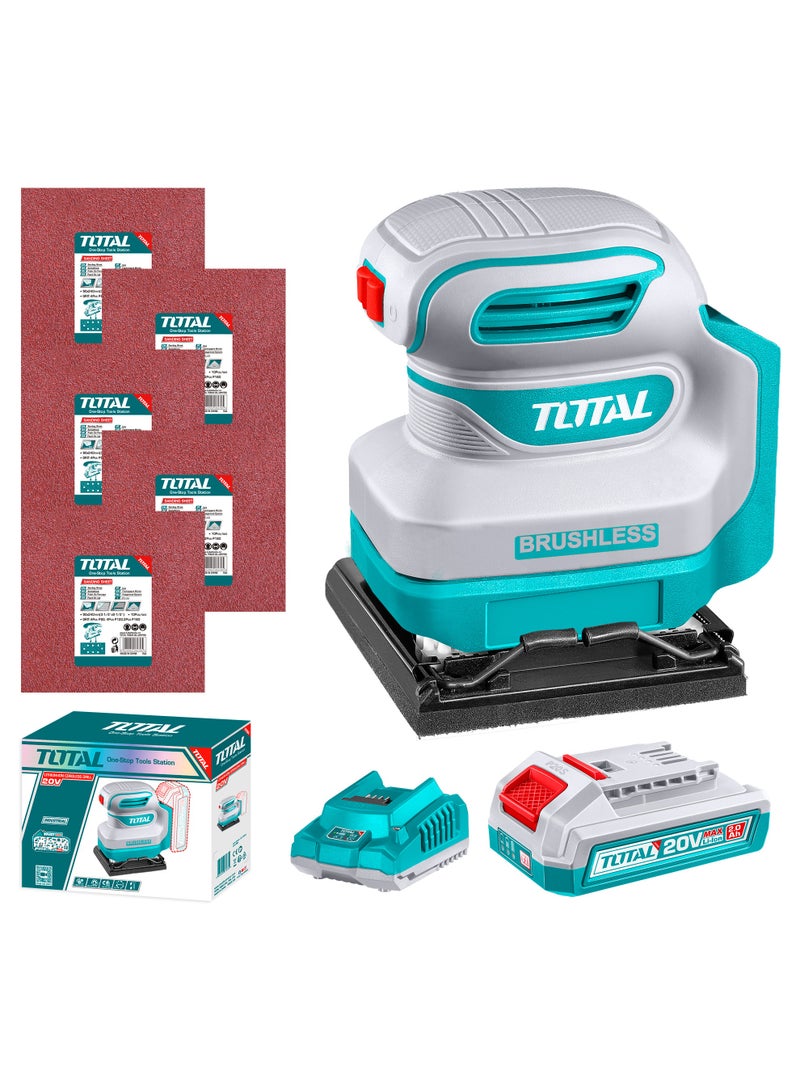 TOTAL 20V Brushless Cordless Sheet Sander - 1/4 Sheet Finishing Sander (110x100mm) with 12000RPM High-Speed Motor, 2.0Ah Battery, Charger & 5 Sanding Sheets - TSHSLI20241 - Image 1