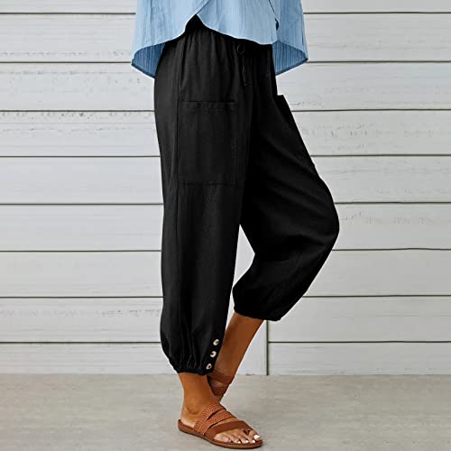 Larmliss Women's Capri Pants High Waist Drawstring Cinch Bottom with Button Cotton Loose Casual Trouser with Pockets Black - Image 3