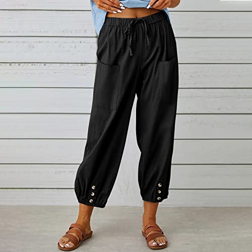 Larmliss Women's Capri Pants High Waist Drawstring Cinch Bottom with Button Cotton Loose Casual Trouser with Pockets Black - Image 2