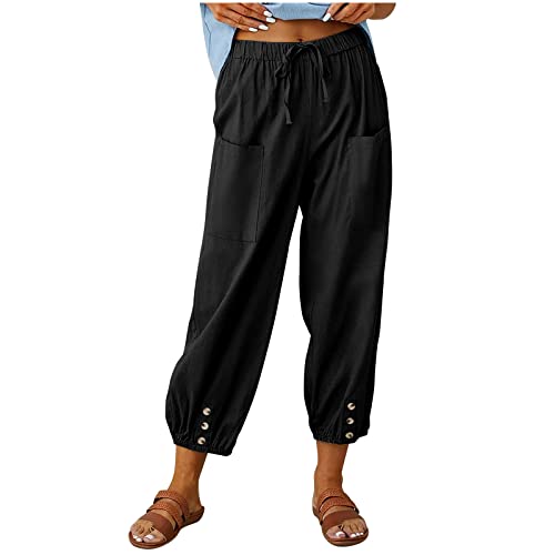 Larmliss Women's Capri Pants High Waist Drawstring Cinch Bottom with Button Cotton Loose Casual Trouser with Pockets Black - Image 1
