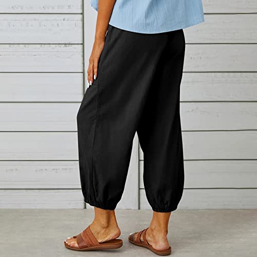 Larmliss Women's Capri Pants High Waist Drawstring Cinch Bottom with Button Cotton Loose Casual Trouser with Pockets Black - Image 4
