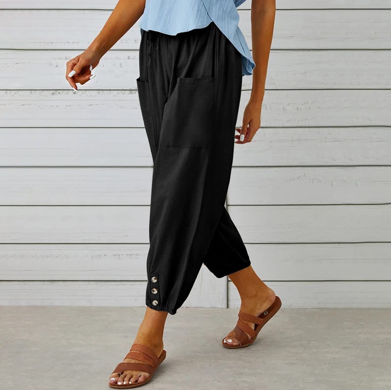 Larmliss Women's Capri Pants High Waist Drawstring Cinch Bottom with Button Cotton Loose Casual Trouser with Pockets Black - Image 5
