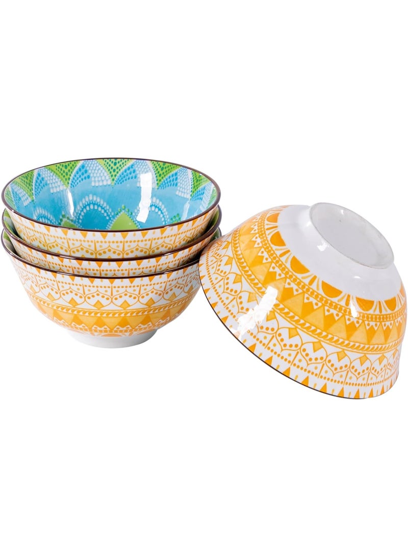 GOLD MANTIS Set of 4 Geometric Pattern Ceramic Bowls – 6.25 Inch Yellow and Blue Design – Microwave, Dishwasher, Oven Safe – Perfect for Salads, Pasta, Soup – Stylish Gift for Kitchen Lovers - Image 1