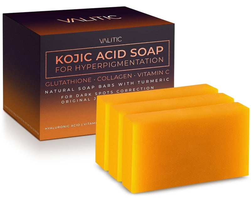 VALITIC Kojic Acid Soap for Hyperpigmentation  with Glutathione Collagen  Vitamin C  Natural Soap Bars with Turmeric  Original Japanese Complex for Dark Spot Correction  3 Pack