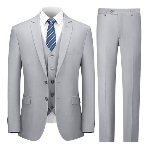 Cooper & Nelson 3 Piece Mens Suit Set, 2 Button Slim Fit Suit for Men, Solid Jacket, Vest, Pants and Tie Light Grey M - Image 1