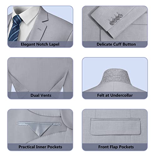Cooper & Nelson 3 Piece Mens Suit Set, 2 Button Slim Fit Suit for Men, Solid Jacket, Vest, Pants and Tie Light Grey M - Image 5