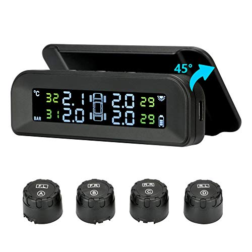 Jansite Tire Pressure Monitoring System Wireless Solar TPMS, Tire Pressure Monitor Installed on Windowshield with 4 External Sensors Real-time Display Temperature Pressure 22-87 PSI for Car RV SUV MPV Sedan - Image 1