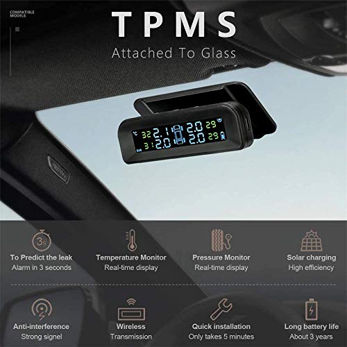 Jansite Tire Pressure Monitoring System Wireless Solar TPMS, Tire Pressure Monitor Installed on Windowshield with 4 External Sensors Real-time Display Temperature Pressure 22-87 PSI for Car RV SUV MPV Sedan - Image 3