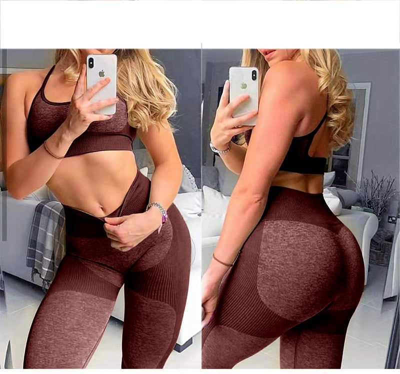 OLCHEE Womenâ€™s Workout Sets 2 Piece - Seamless Yoga Leggings and Cross-Strap Sports Bra Gym Outfits Activewear Matching Set - Choco Medium - Image 3
