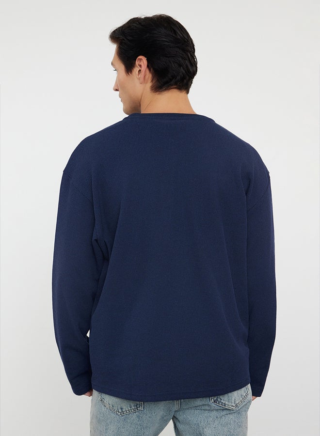 trendyol Navy Blue Regular Fit Stitch Detailed Textured Crew Neck T-Shirt - Image 2