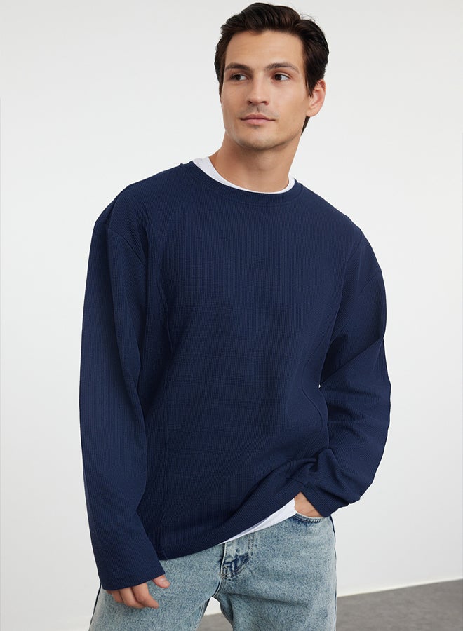trendyol Navy Blue Regular Fit Stitch Detailed Textured Crew Neck T-Shirt - Image 1