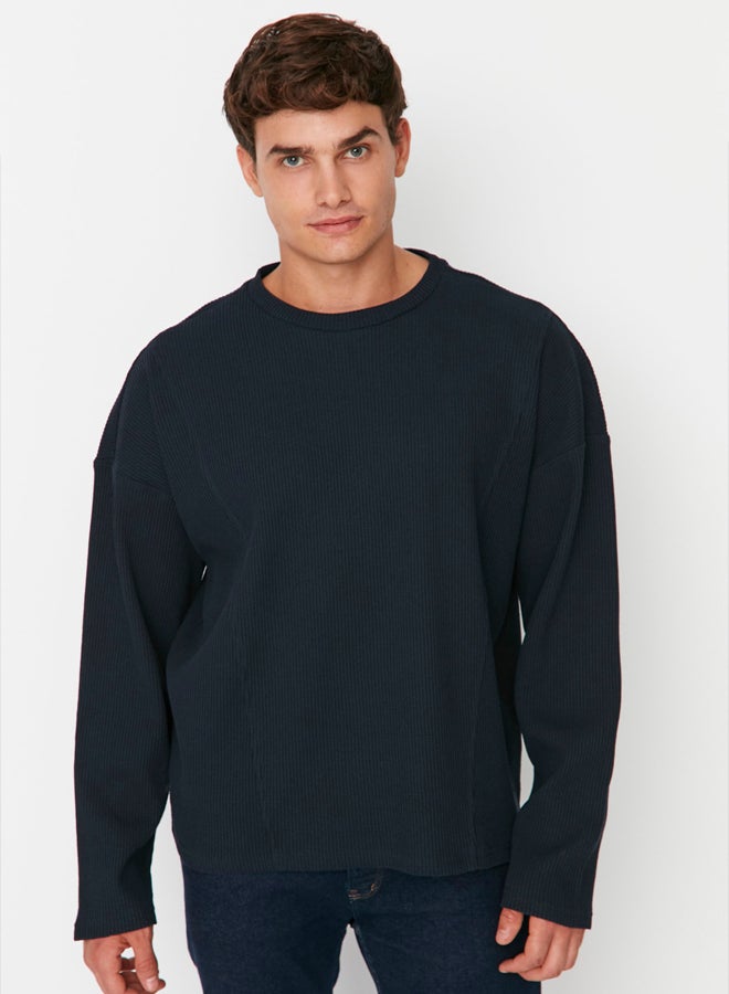 trendyol Navy Blue Regular Fit Stitch Detailed Textured Crew Neck T-Shirt - Image 5